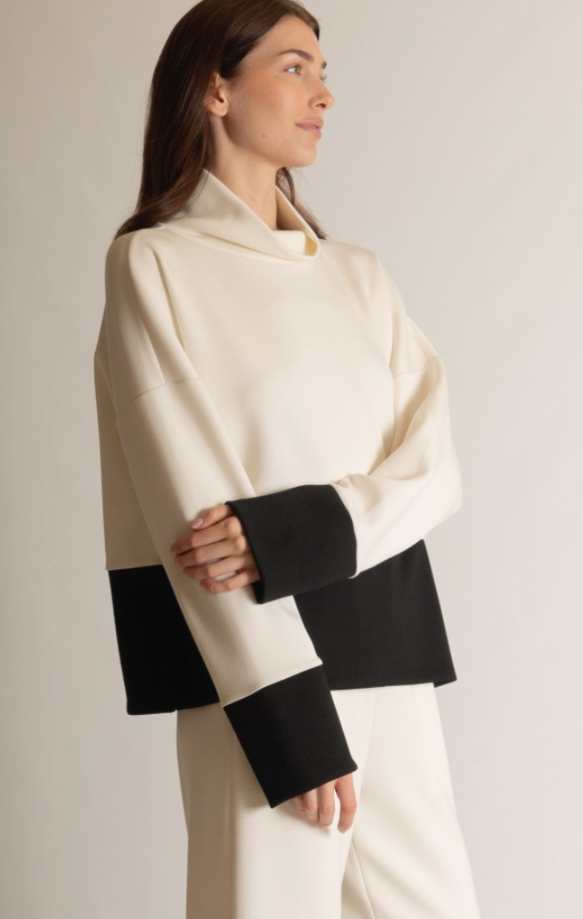 Scuba Color Block Mock Neck Top-Ivory/black