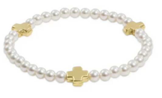 SIGNATURE CROSS PEARL PATTERN 4MM BEAD BRACELET - GOLD