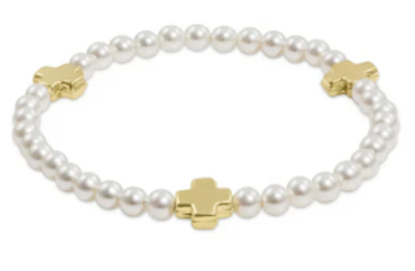 SIGNATURE CROSS PEARL 4MM BEAD BRACELET - GOLD-EXTENDS