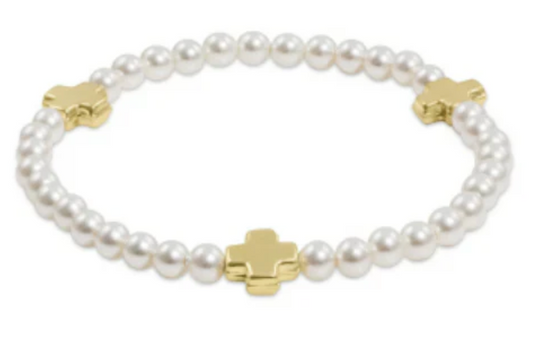 SIGNATURE CROSS PEARL 4MM BEAD BRACELET - GOLD-EXTENDS