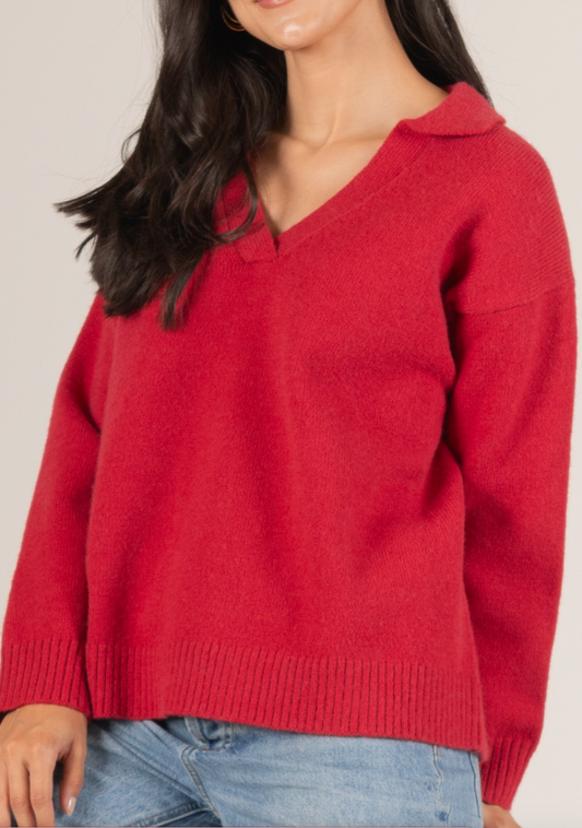 Knit Collared V Neck Sweater Top