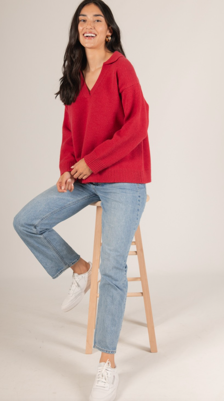 Knit Collared V Neck Sweater Top