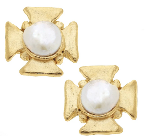 Gold Cross with Freshwater Pearl Earrings