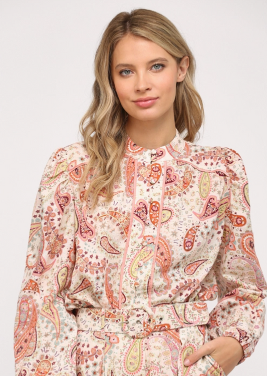 Paisley Print Piping Detail Blouse