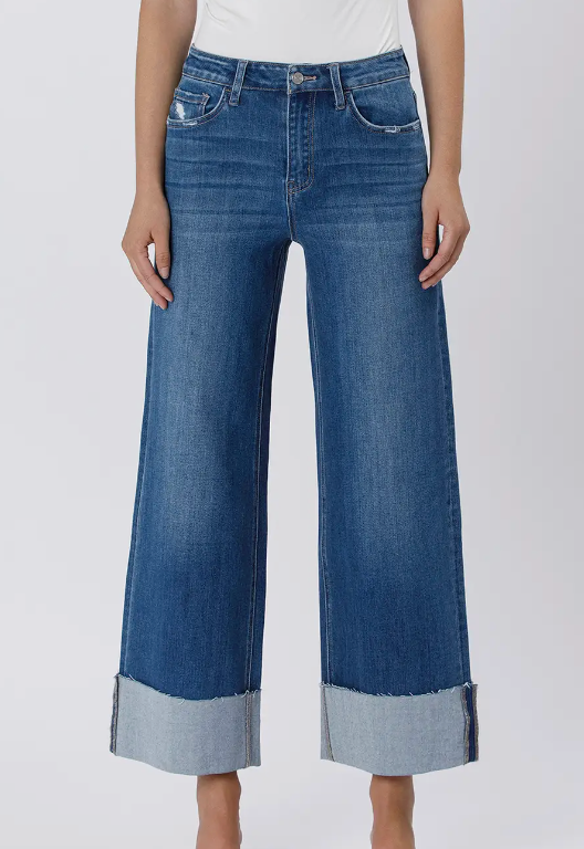 High Rise Cuffed Ankle Wide Leg Jeans