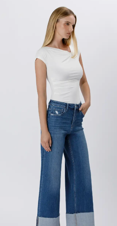 High Rise Cuffed Ankle Wide Leg Jeans