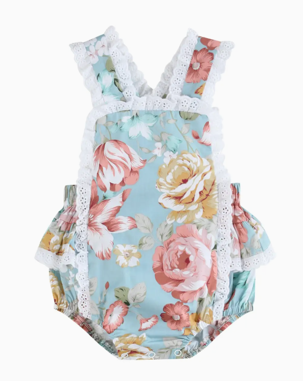 Pink & Blue Floral and Lace Bow Ruffle Romper