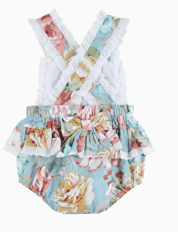 Pink & Blue Floral and Lace Bow Ruffle Romper