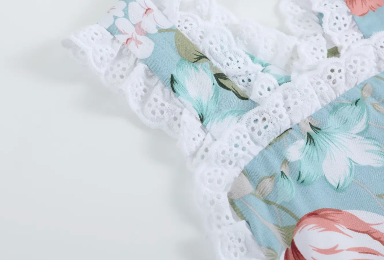 Pink & Blue Floral and Lace Bow Ruffle Romper