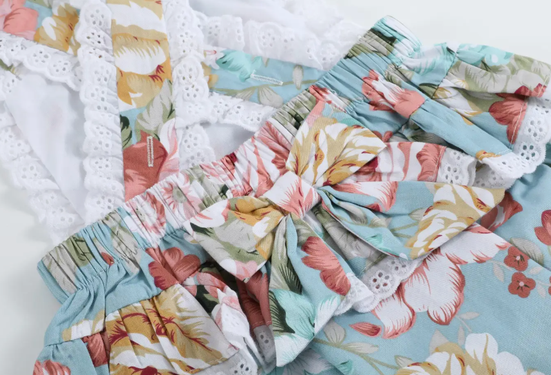 Pink & Blue Floral and Lace Bow Ruffle Romper