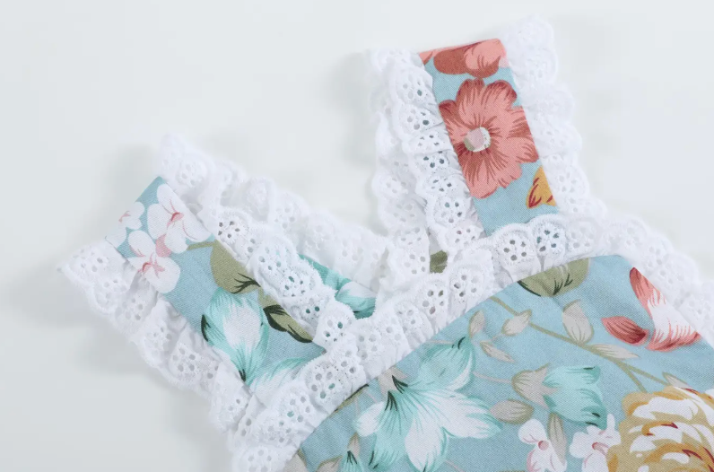 Pink & Blue Floral and Lace Bow Ruffle Romper