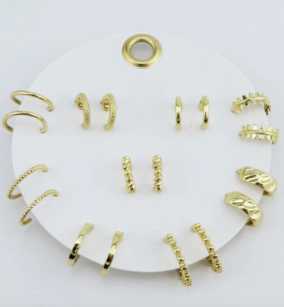 Set of 9 Gold Hoops on Leather Card Earring Set