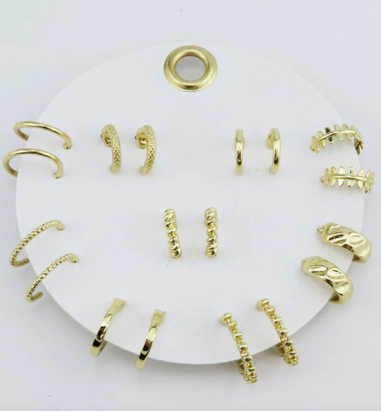 Set of 9 Gold Hoops on Leather Card Earring Set