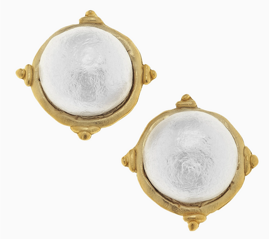 Gold and Cotton Pearl Cabochon Earrings