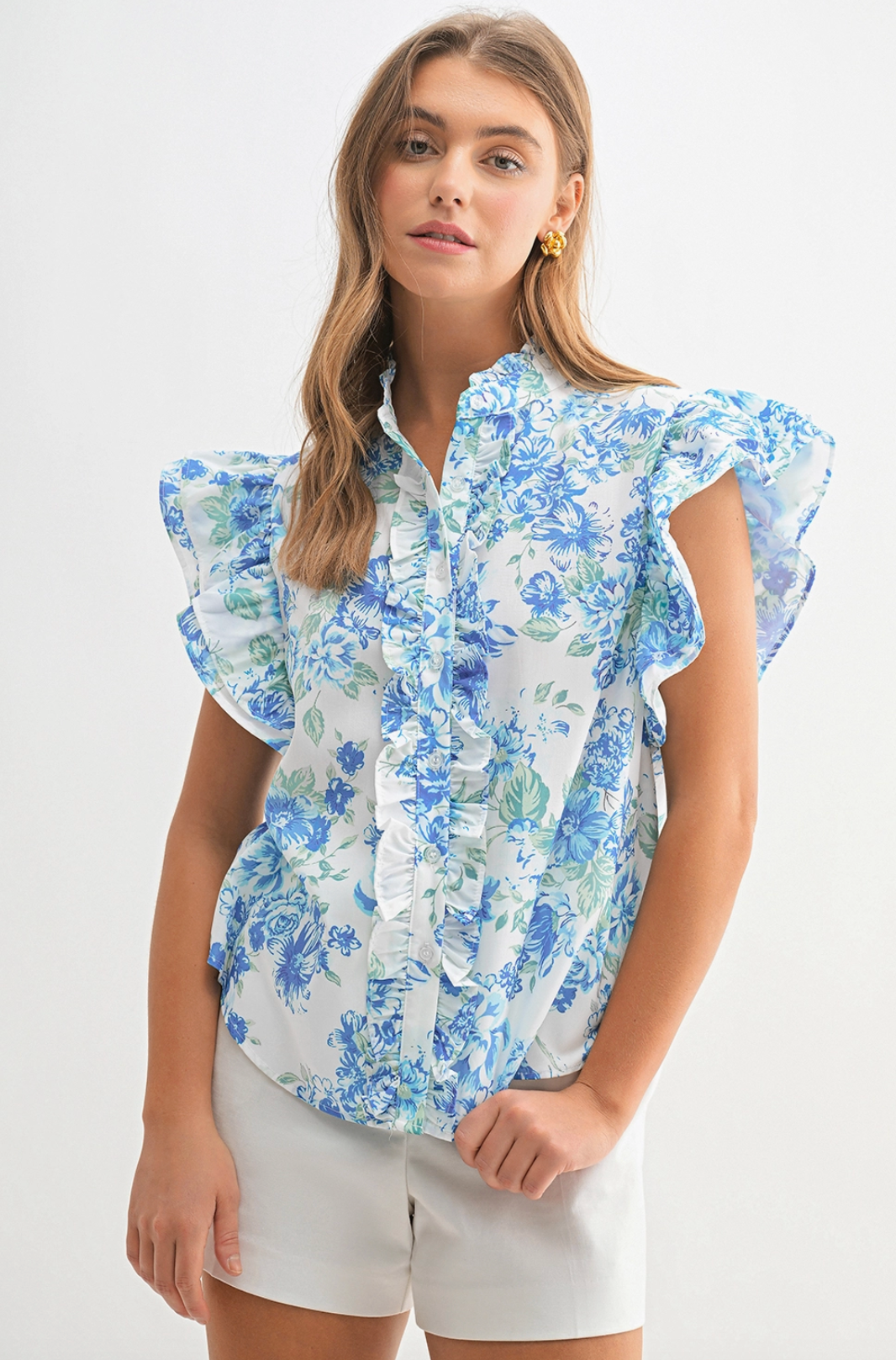 Chic Floral Frilly Button Up Top