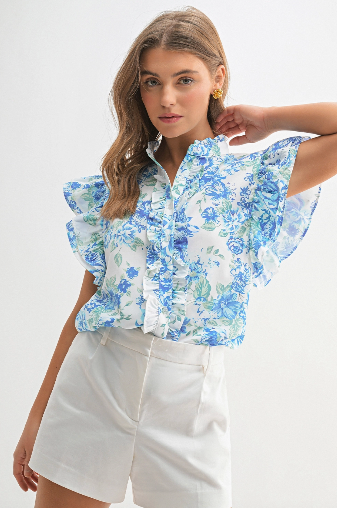 Chic Floral Frilly Button Up Top