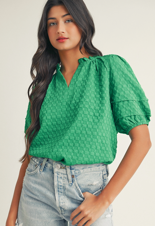 Textured Green Puff Sleeve Top