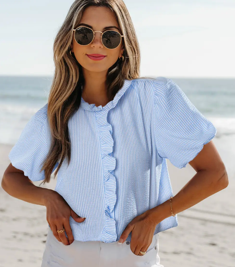 Texture Striped Ruffled Detail Shirt