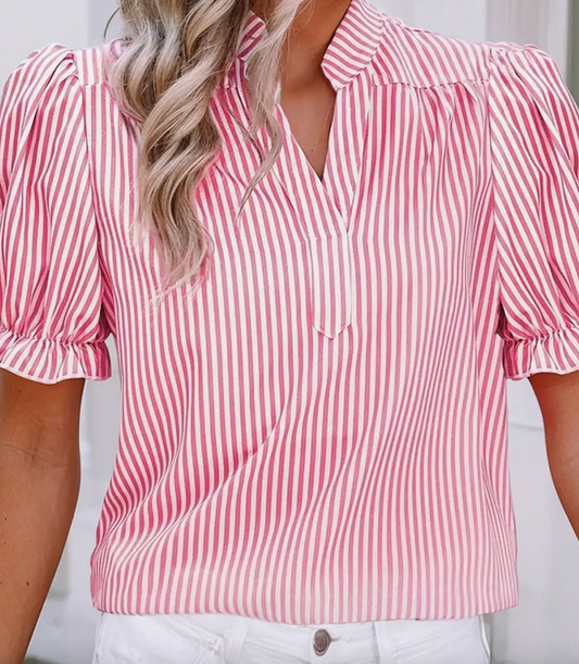Pink Striped V Neck Short Sleeve Blouse