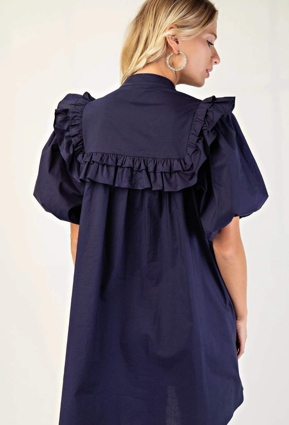 Navy Puff Sleeve Ruffle Dress