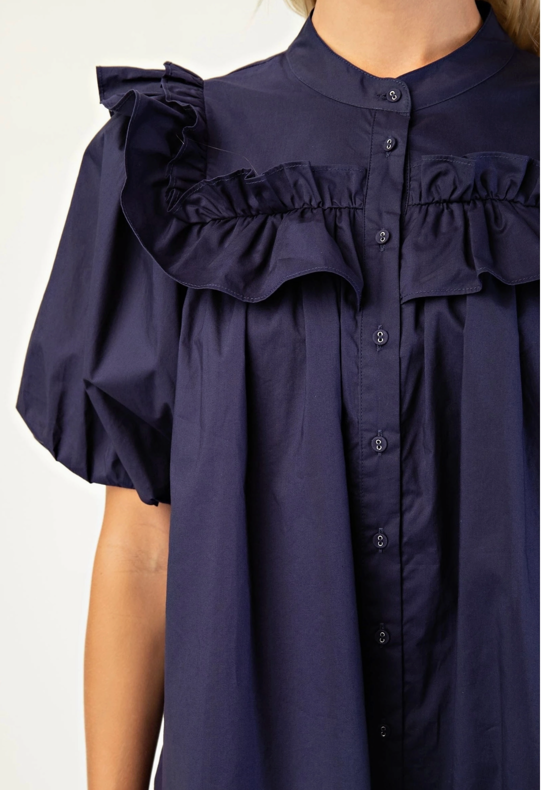 Navy Puff Sleeve Ruffle Dress