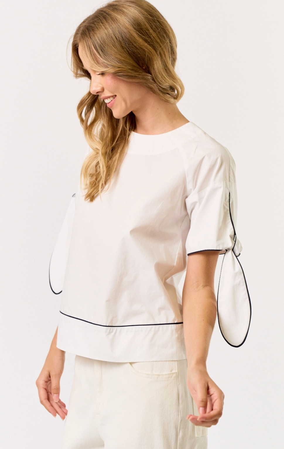 Contrasting Piping White & Navy Top