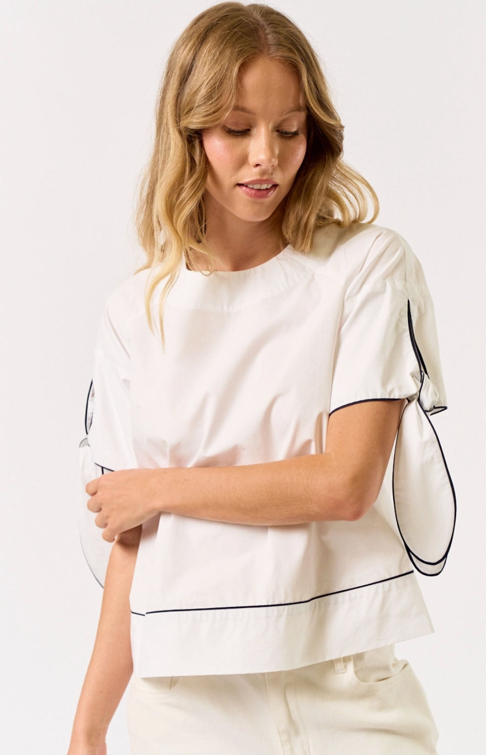 Contrasting Piping White & Navy Top