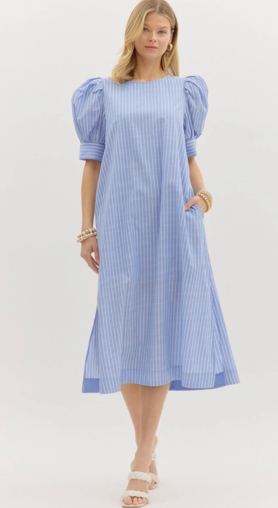 Striped Pleated Puff Sleeve Midi Dress
