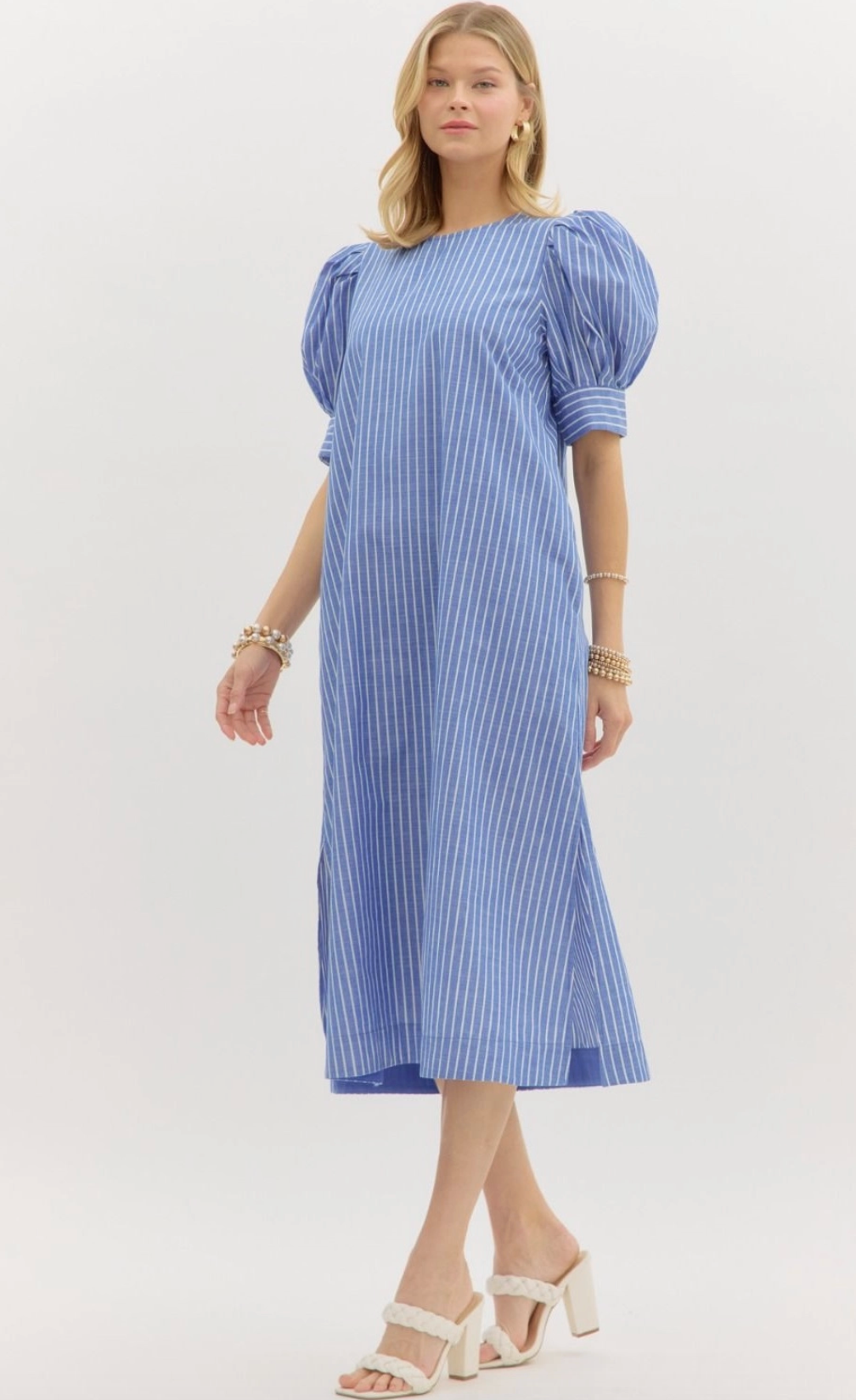 Striped Pleated Puff Sleeve Midi Dress