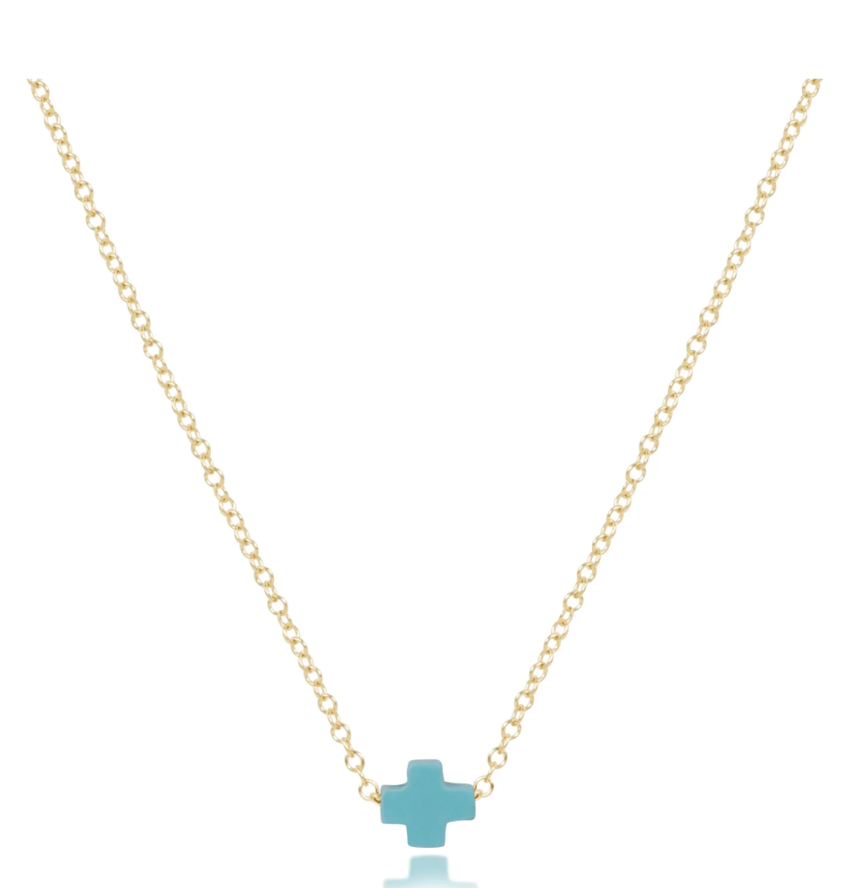 16" Necklace Gold - Signature Cross Small-Turquoise