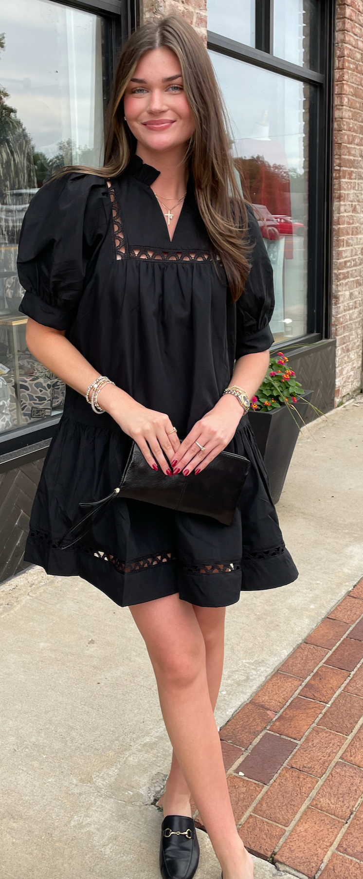 Black Eyelet Puff Sleeve Dress