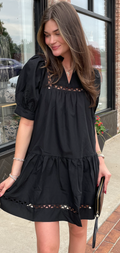 Black Eyelet Puff Sleeve Dress