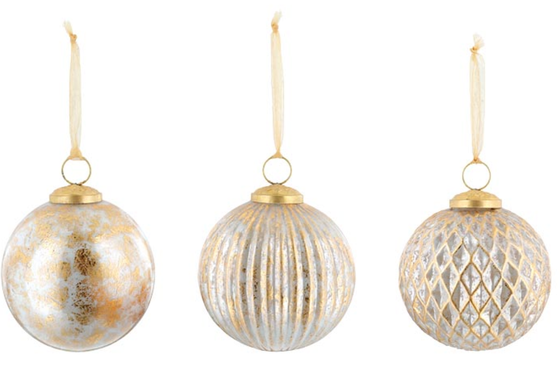 WHITE GLASS ORNAMENT GOLD ACCENTS