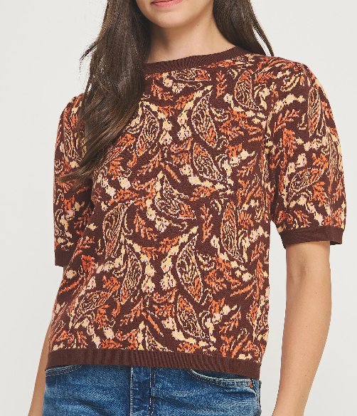 Paisley Pattern Short Sleeve Intarsia Knit Top