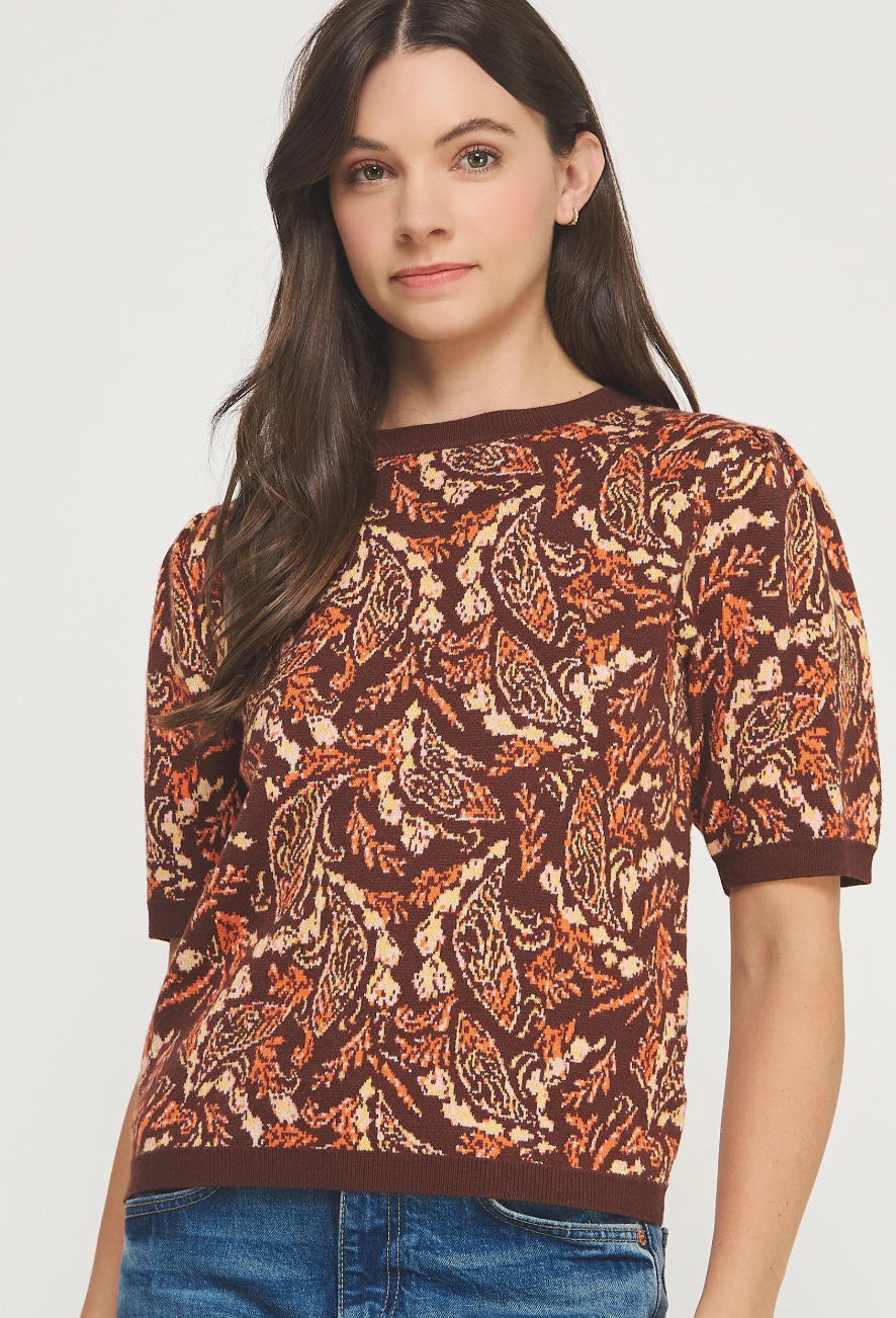 Paisley Pattern Short Sleeve Intarsia Knit Top