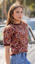 Paisley Pattern Short Sleeve Intarsia Knit Top