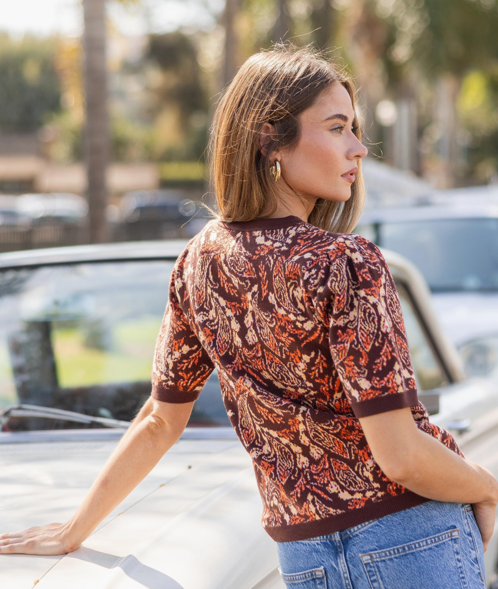 Paisley Pattern Short Sleeve Intarsia Knit Top