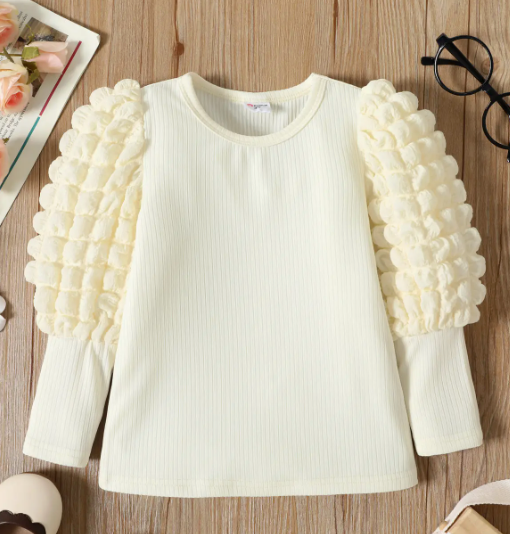 Ribbed Long Puff-Sleeve Top