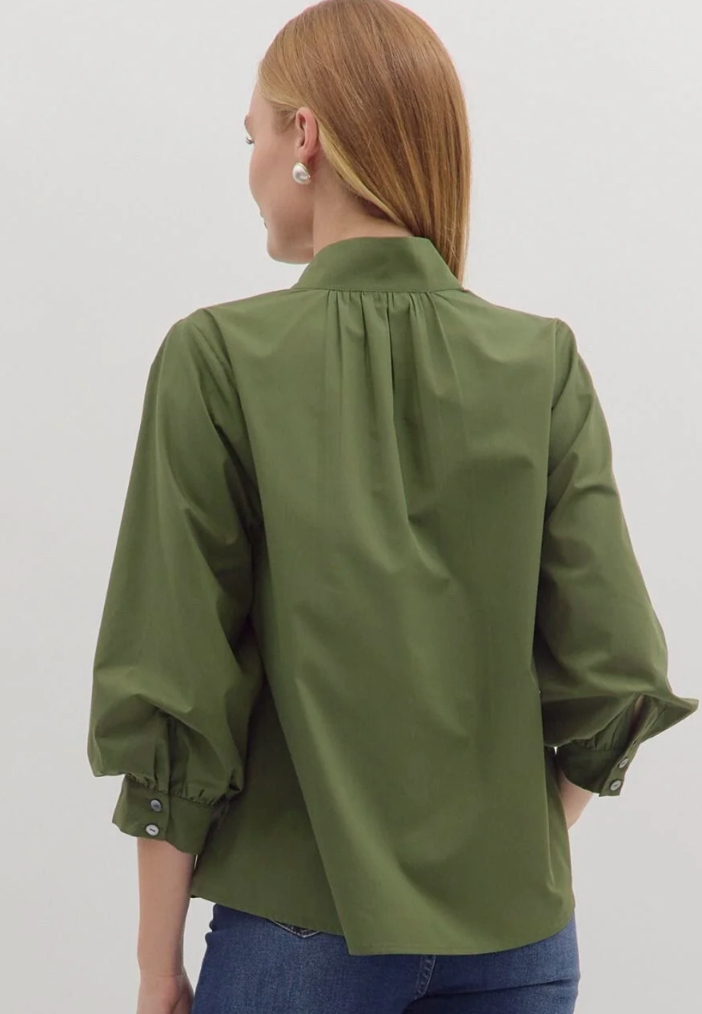 V-Neck Button Cuff Blouse - Olive