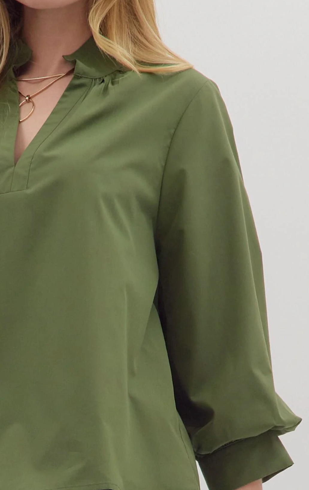V-Neck Button Cuff Blouse - Olive