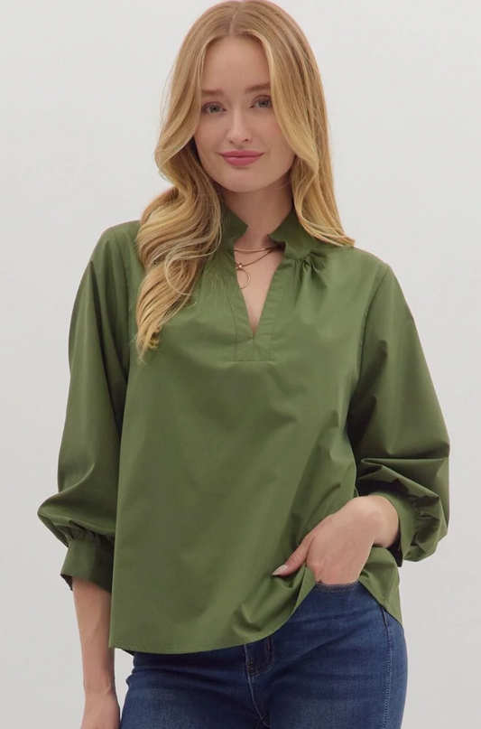 V-Neck Button Cuff Blouse - Olive
