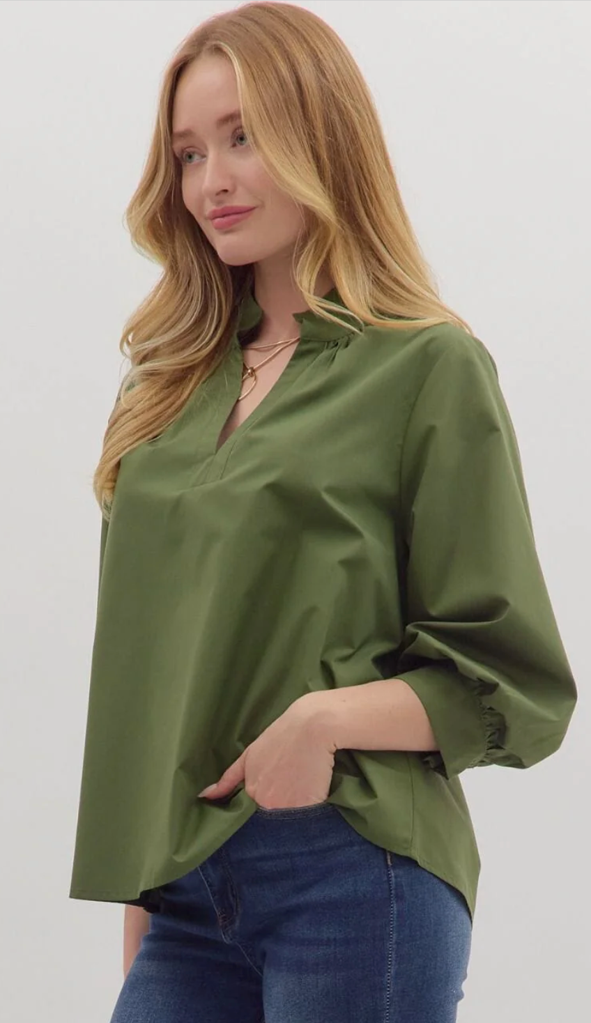 V-Neck Button Cuff Blouse - Olive