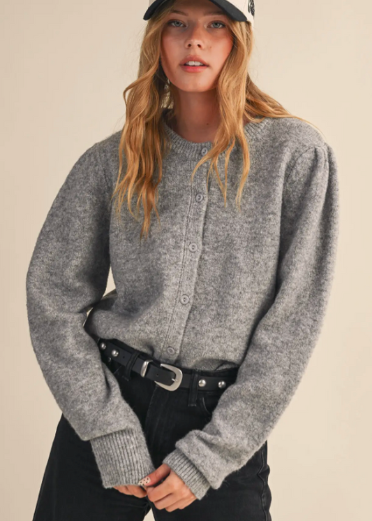 Long Puff Sleeve Sweater Cardigan-Grey