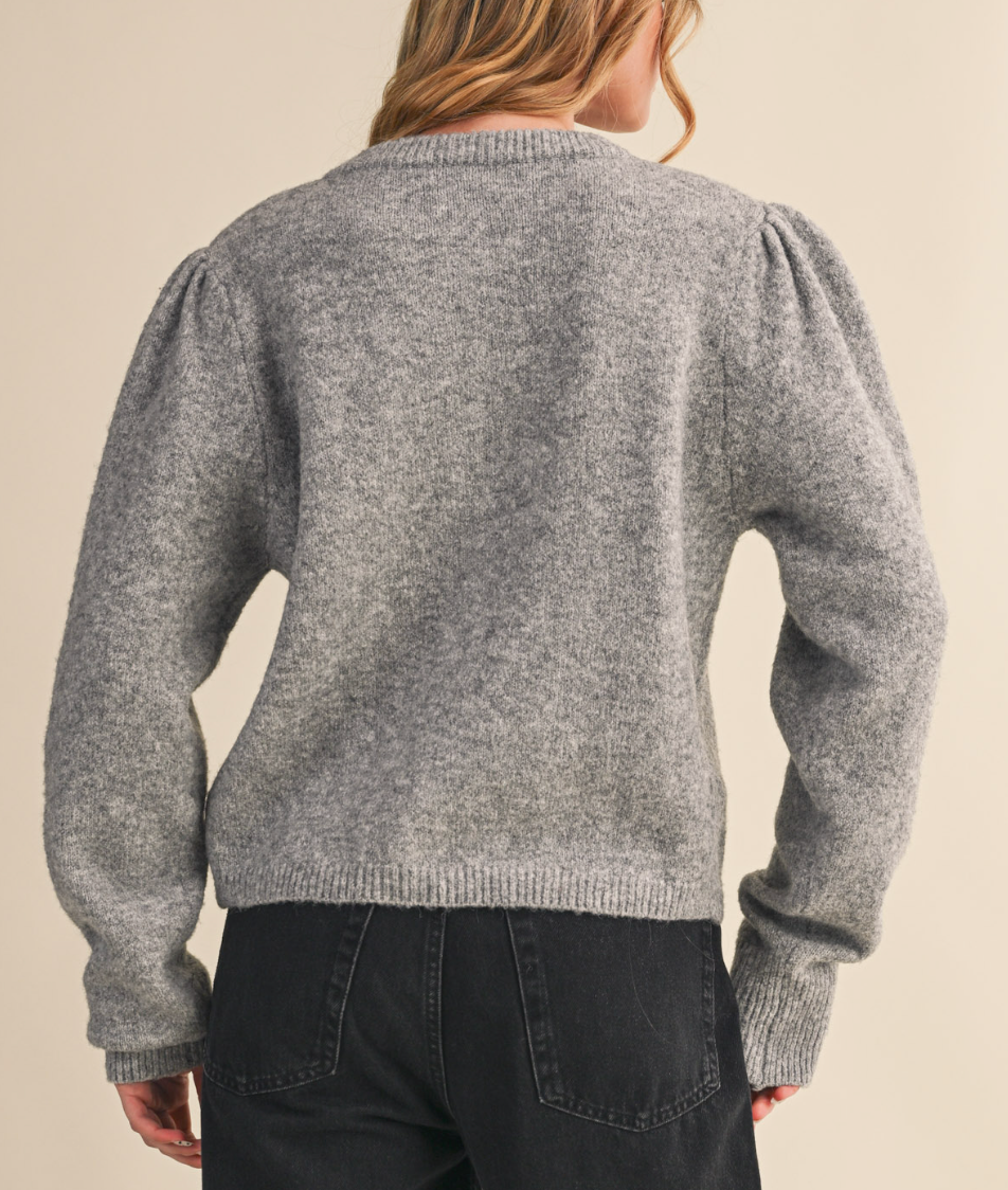 Long Puff Sleeve Sweater Cardigan-Grey