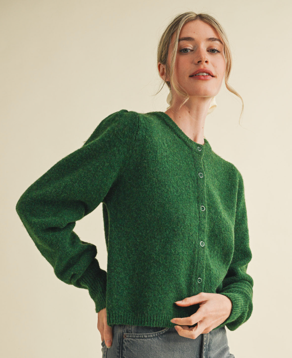 Long Puff Sleeve Sweater Cardigan-Green