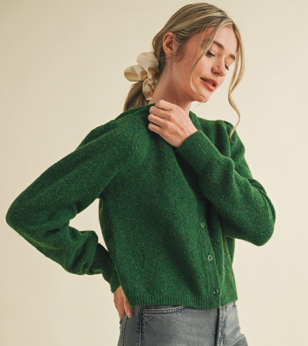 Long Puff Sleeve Sweater Cardigan-Green