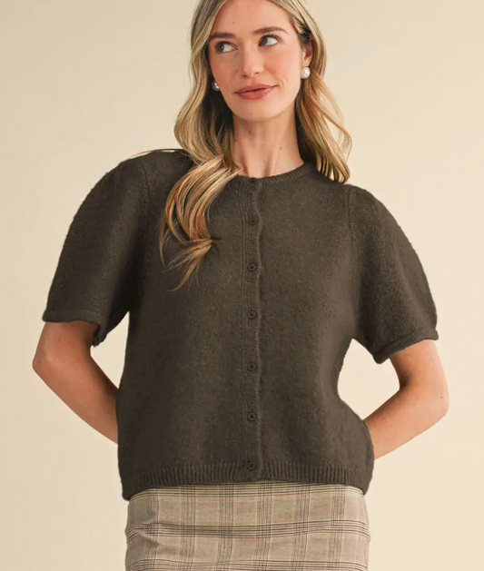 Short Puff Sleeve Sweater Cardigan