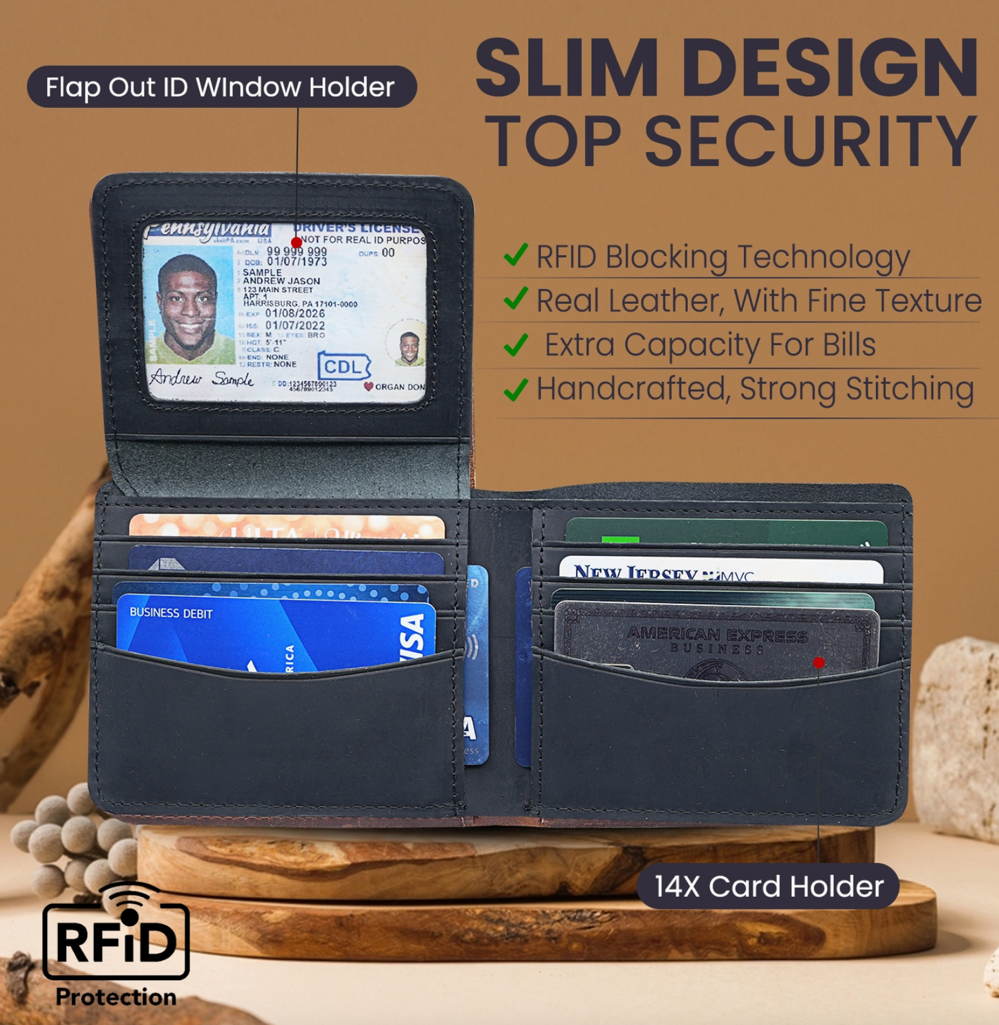 Leather Wallet with Flap Out Id Window