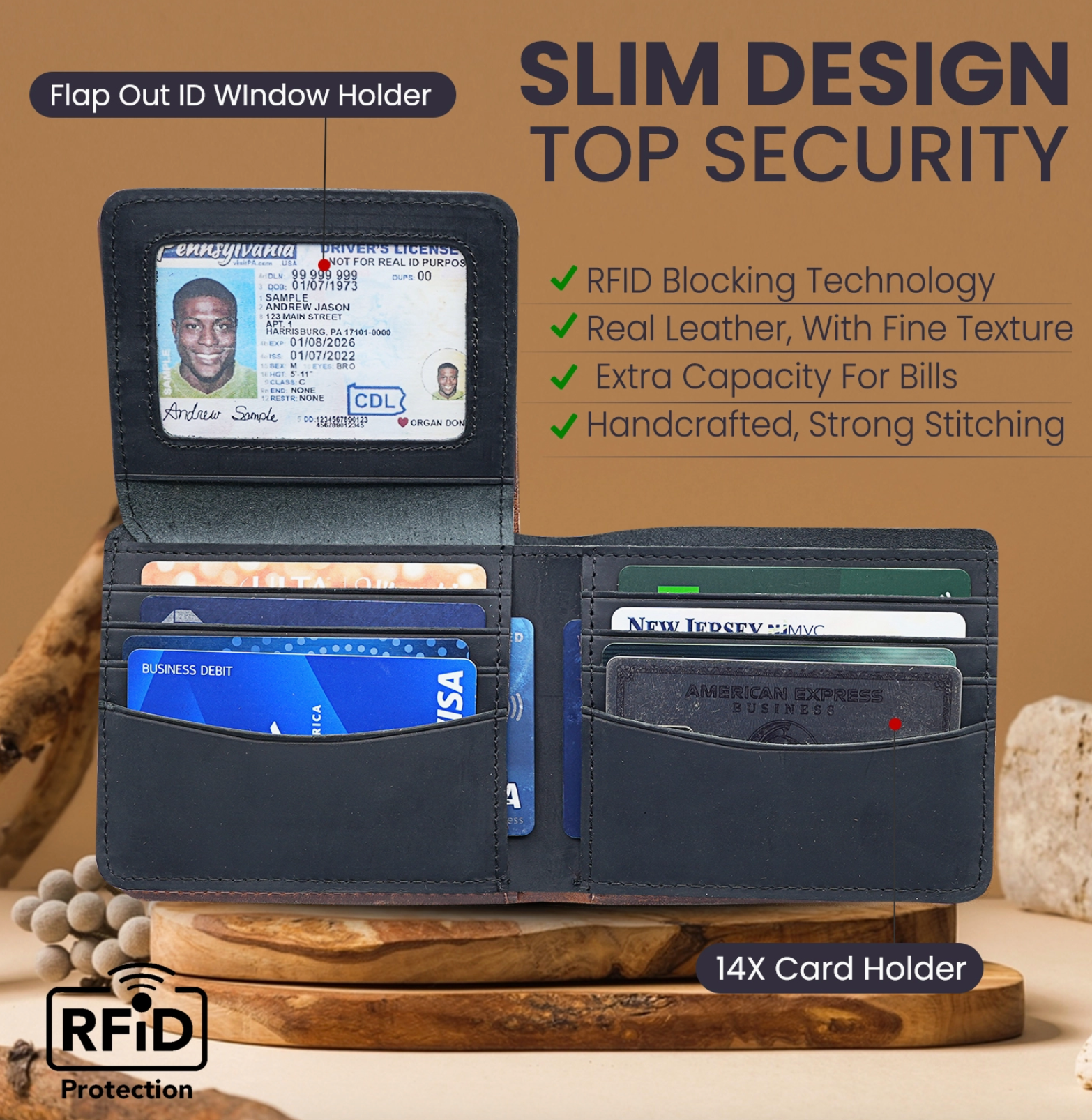 Leather Wallet with Flap Out Id Window