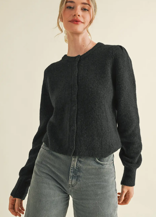Long Puff Sleeve Sweater Cardigan-Black